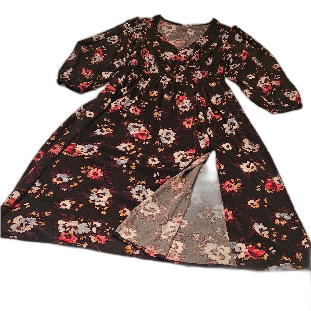 GAP Dress XL Floral Black Background Maxi Smocked Waist V-Neck Feminine Bohemian